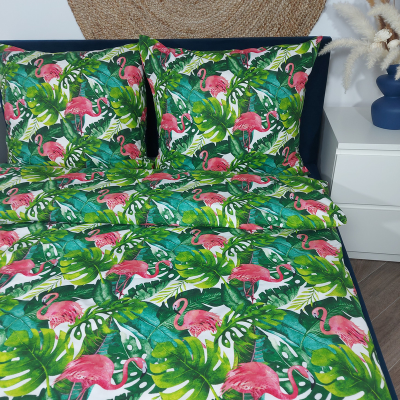 Pościel bawełniana Flamingi liście 135x200