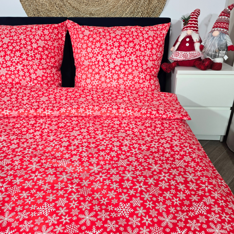 Pościel bawełniana Płatki śniegu w czerwieni 160x200