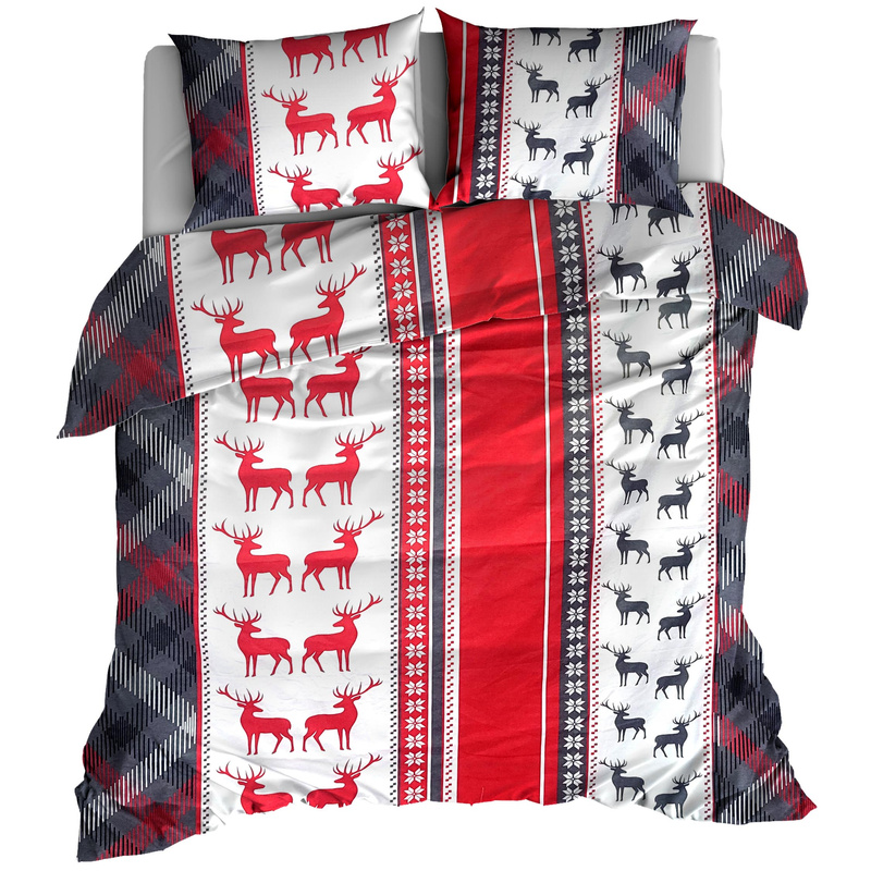 Pościel flanelowa Renifery krata szara 160x200