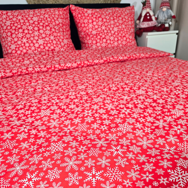 Pościel bawełniana Płatki śniegu w czerwieni 135x200