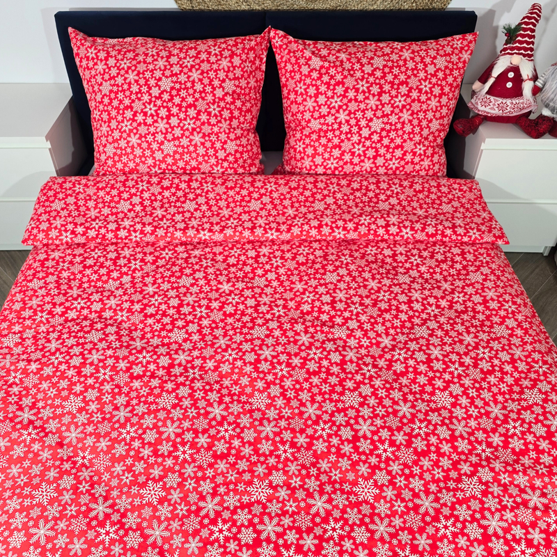 Pościel bawełniana Płatki śniegu w czerwieni 160x200