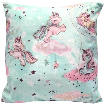Poszewka bawełniana Jednorożce chmurka mięta 45x45